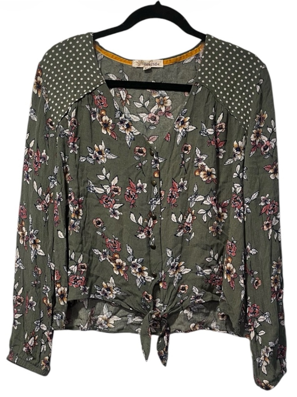Rewind Olive Green Floral Tie Front Blouse Polka Dot Yoke Boho XL